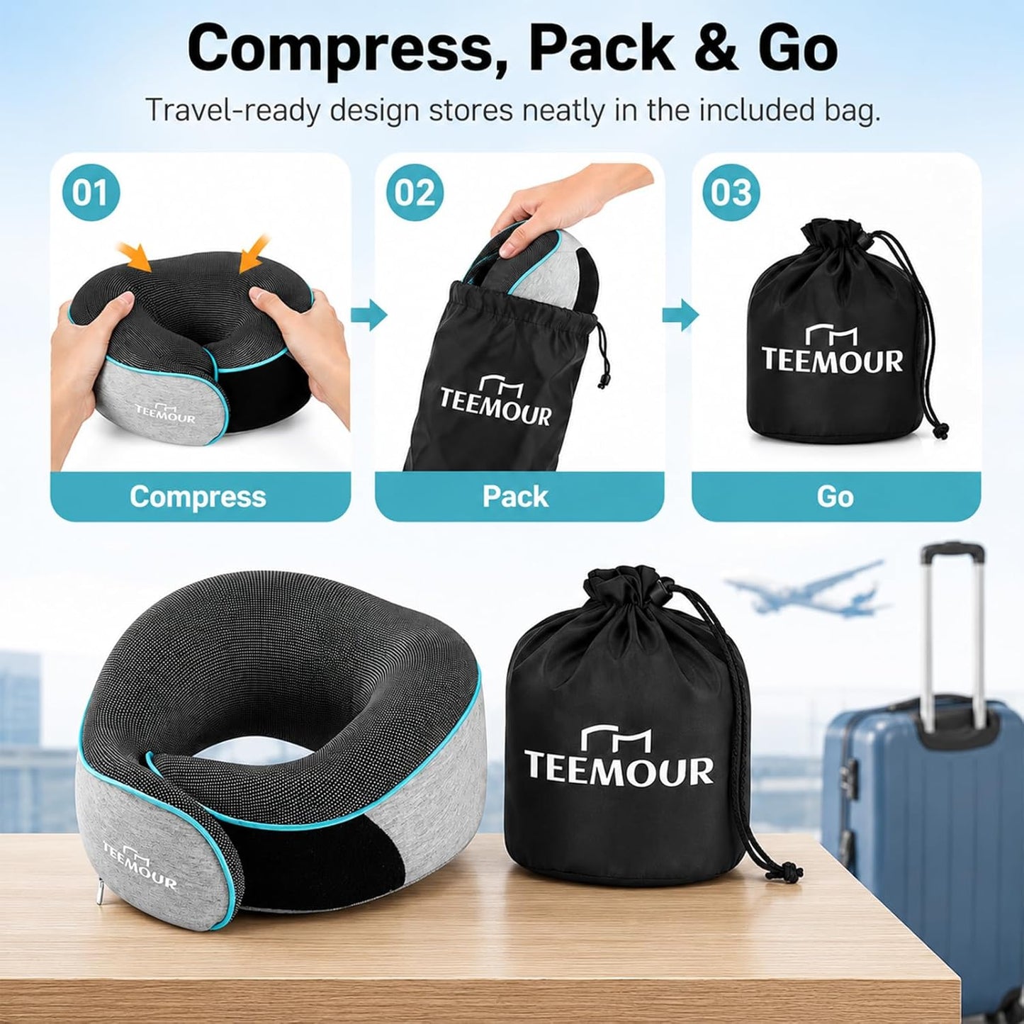 Travel Pillow-Neck Pillows for Airplanes, Memory Foam Travel Neck Pillow for Long Flights|Airport Travel Essentials 360° Support Gifts for Travellers With Eye Mask & Earplugs, Portable Carry Bag