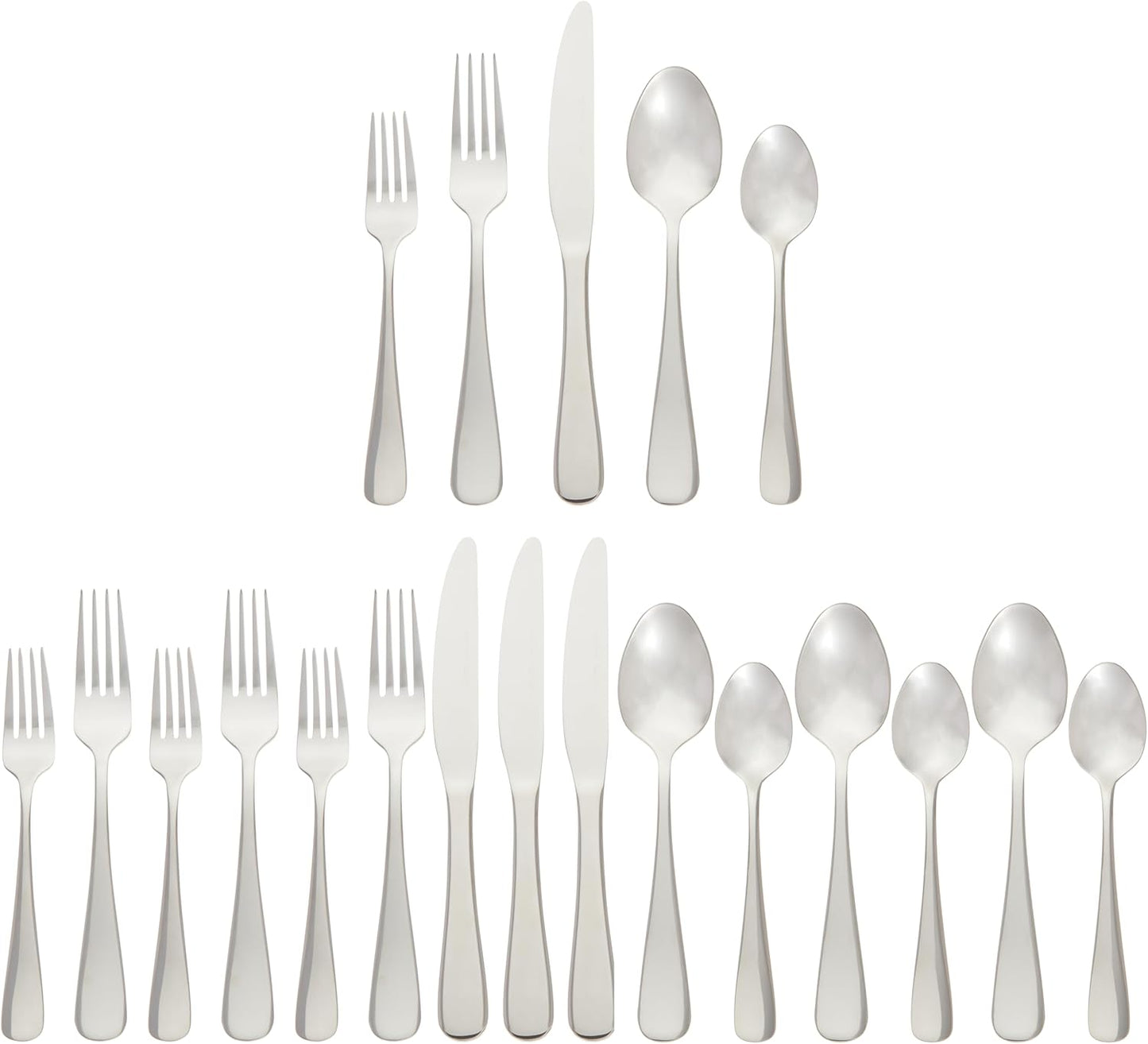 Amazon Basics Silverware Set, Stainless Steel Flatware, Dishwasher Safe, Service for 4, 20-Piece Forks and Spoons, Round Edge, Everyday Use