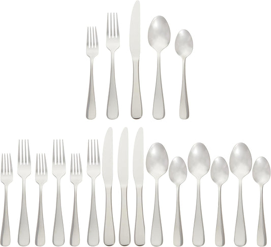Amazon Basics Silverware Set, Stainless Steel Flatware, Dishwasher Safe, Service for 4, 20-Piece Forks and Spoons, Round Edge, Everyday Use