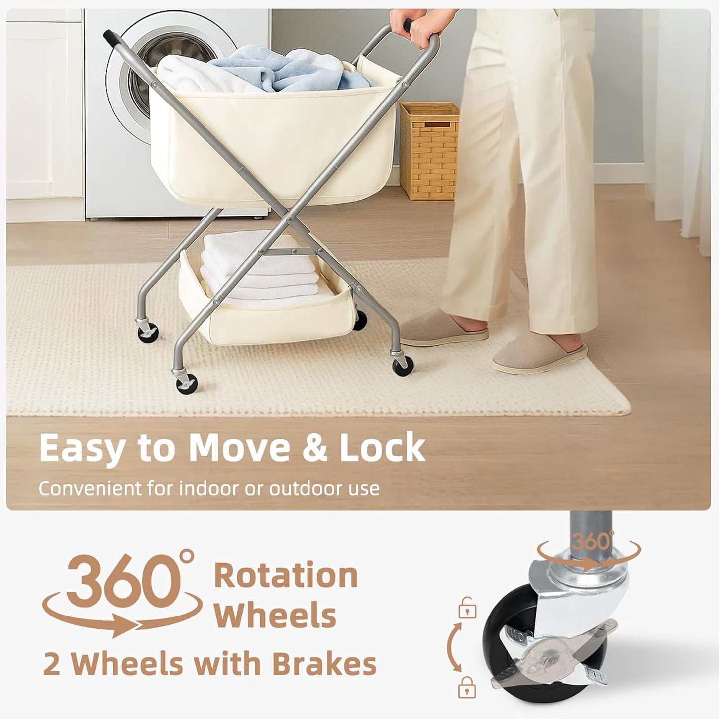 STORAGE MANIAC Collapsible Laundry Cart with Wheels 31.5"H Rolling Laundry Hamper Clothes Basket with Wheels, Canvas Liner Sturdy Steel Frame Folding for Small Narrow Space Easy Storage, Beige