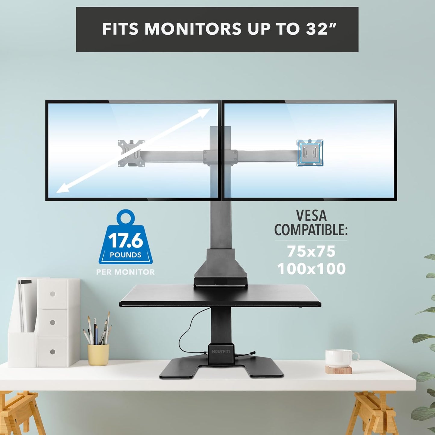 Mount-It! Double Monitor Electric Standing Desk Converter - 2 Screens Stand Up Desk Riser - Height Adjustable Desktop & 2 Mounts for Screens up to 32", Sit-Stand Convertor for Home, Office, School