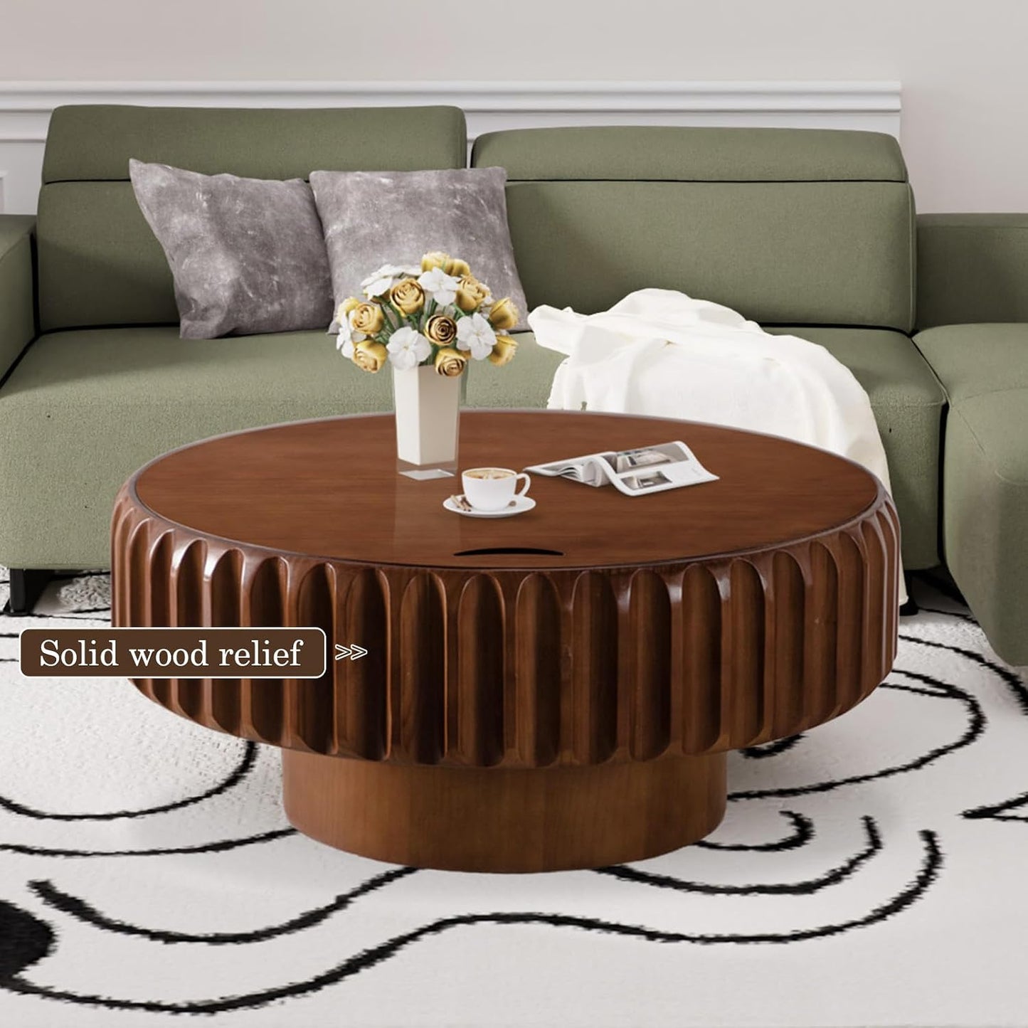 Round Coffee Table (Walnut 31.5'') | Storage for Living Room, Wood Circle Drum, Modern Fluted Center Table, Accent Table for Home Office Apartment