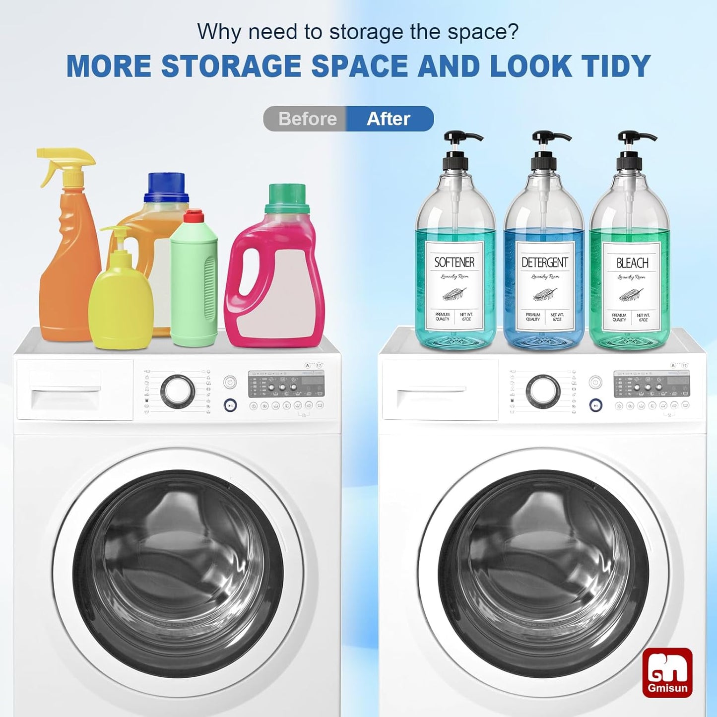 GMISUN Laundry Detergent Soap Dispenser, Liquid Laundry Detergent Dispenser, Container for Farmhouse Laundry Room Decor, Organizer for Liquid SoftenerBleach Heavy Duty Plastic Bottle(64 Oz 3 Pack)