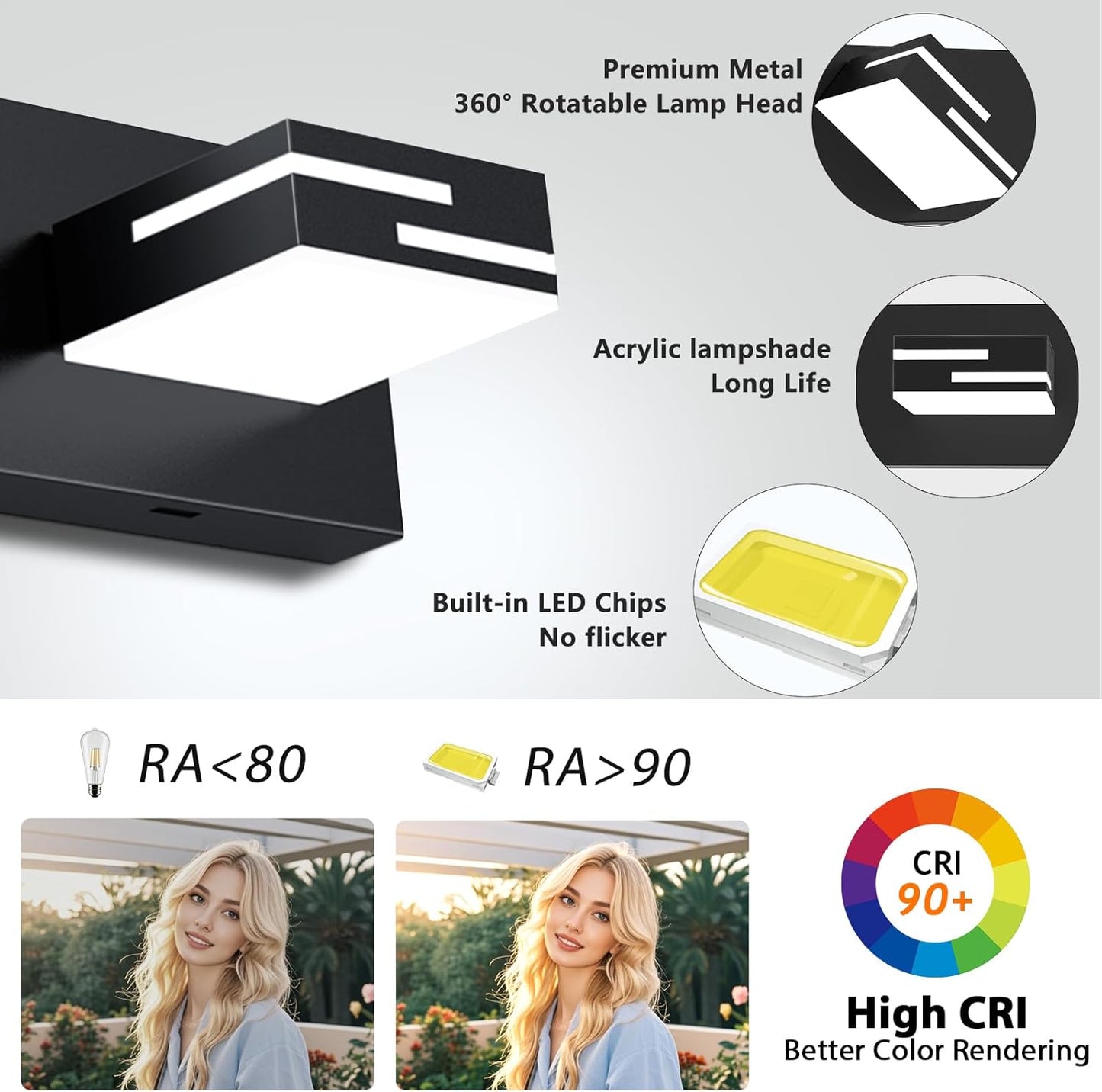 LED Modern Bathroom Vanity Light Fixtures, Dimmable Matte Black Vanity Lights for Bathroom Lighting Fixtures Over Mirror, with 360° Rotatable Acrylic Heads 3-Light 22-inch (Cool White 6000K)