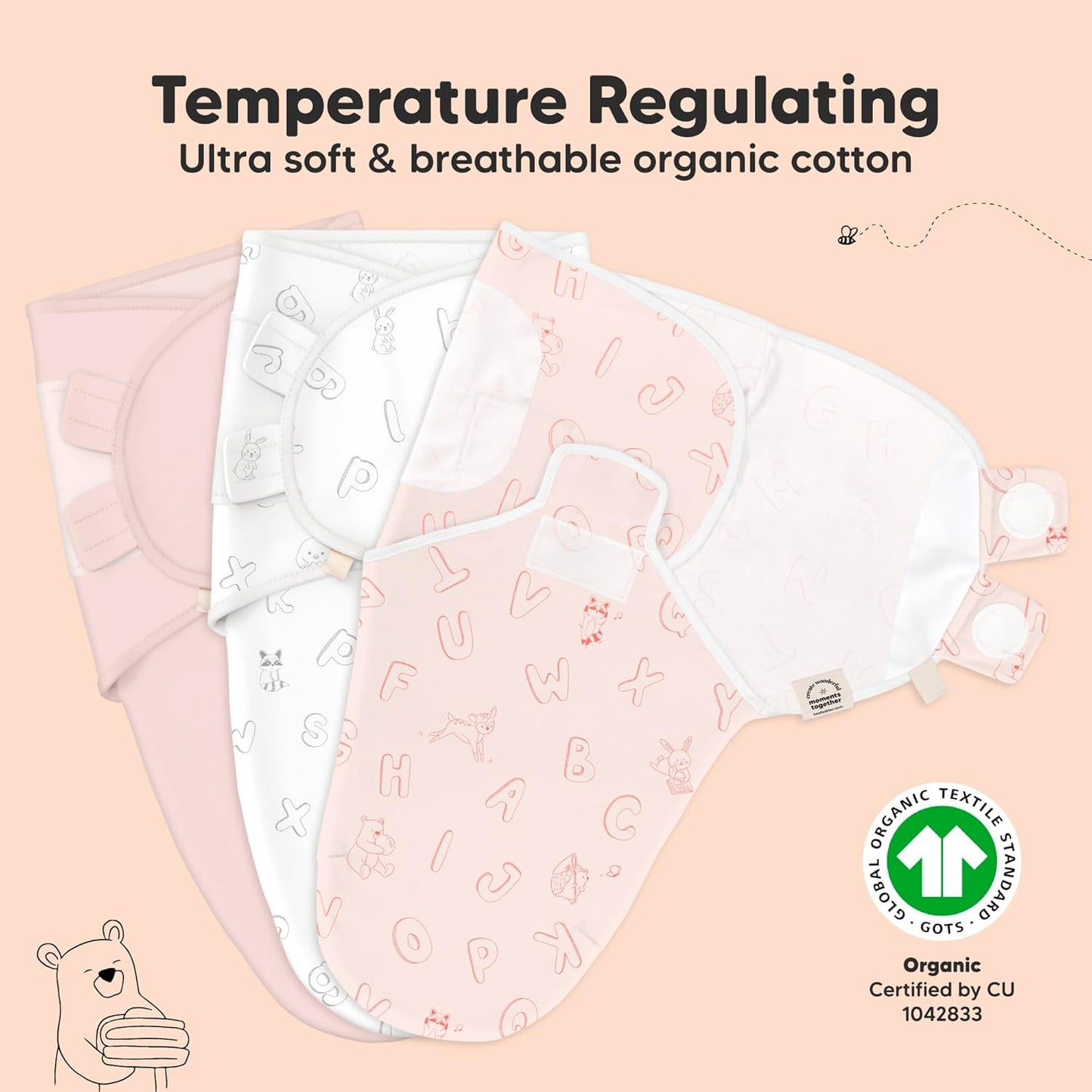 3-Pack Organic Baby Swaddle Sleep Sacks - Swaddles for Newborns, Infant 0-3 Months, Baby Girls, Boys, Soft & Snug Newborn Sleep Sack, Nursery Swaddling Blankets (Abc Land Rose, OS)