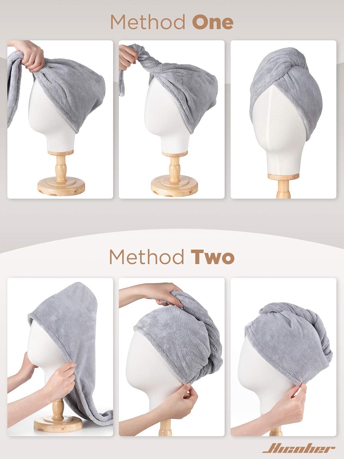 Hicober Microfiber Hair Towel, 3 Packs Hair Turbans for Wet Hair, Drying Hair Wrap Towels for Curly Hair Women Anti Frizz (Grey,Blue,Grey)