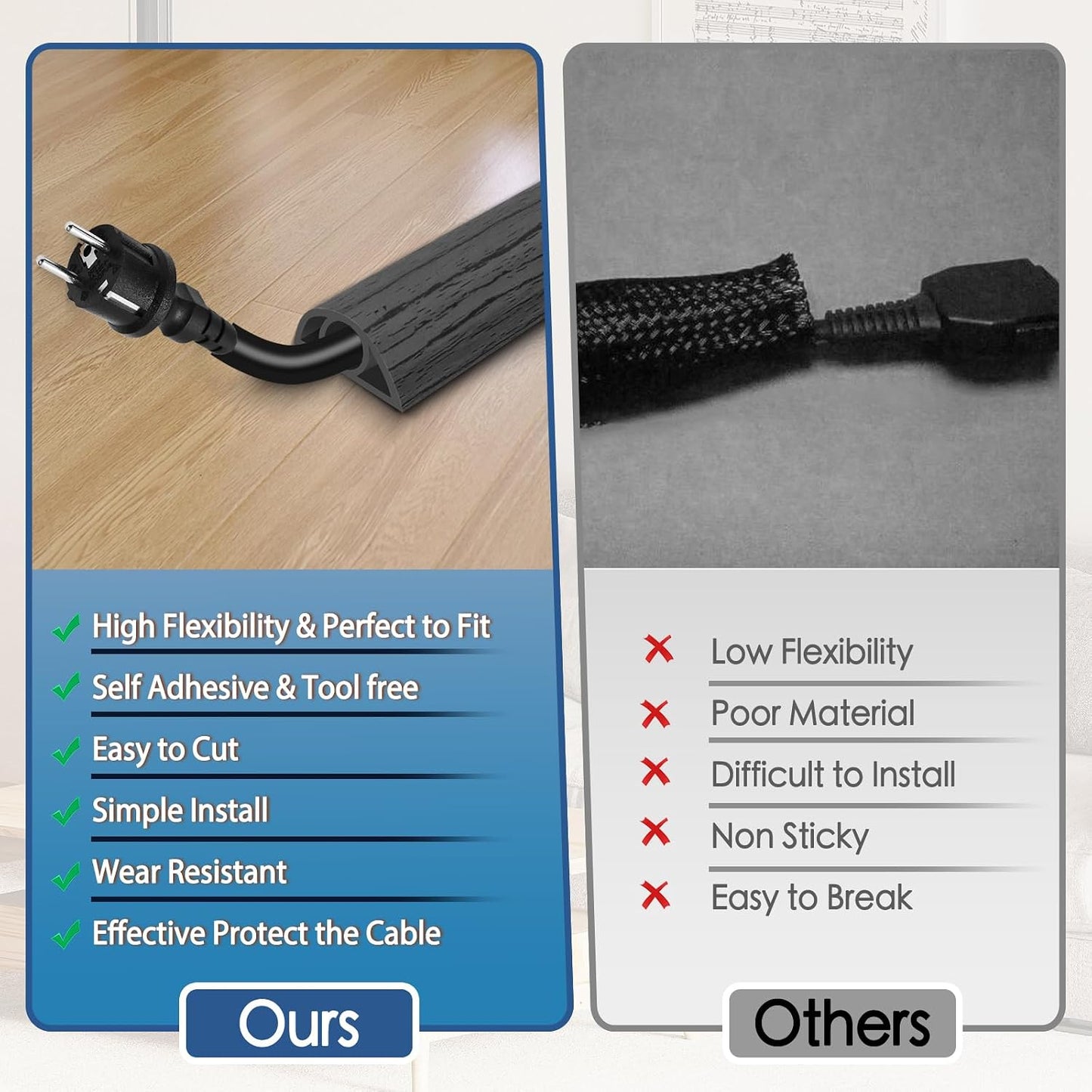 Floor Cord Cover for Wires on Floor Self Adhesive Cord Hider | Floor Cable Cover Floor Wire Covers for Cords Prevent Cable Trips, Cord Cavity W 0.32" x H 0.32", Deep Gray Wood, 20Ft