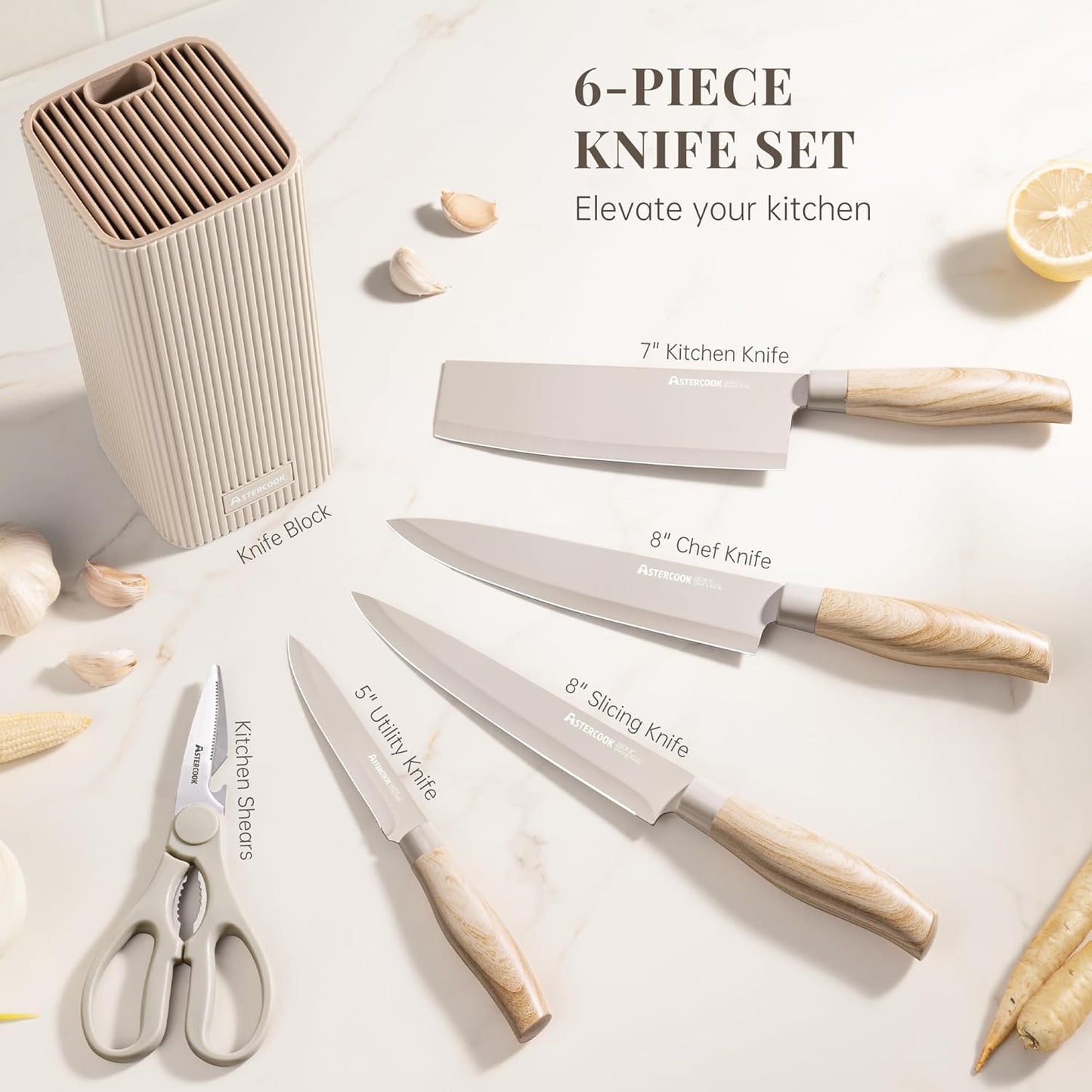 Astercook Knife Set, 6-Piece Kitchen Knife Set with Block, High Carbon Stainless Steel Ultra Sharp Kitchen Knives, Wood Grain Handle, Dishwasher Safe Knife Block Set, Khaki, Kitchen Utility Knives