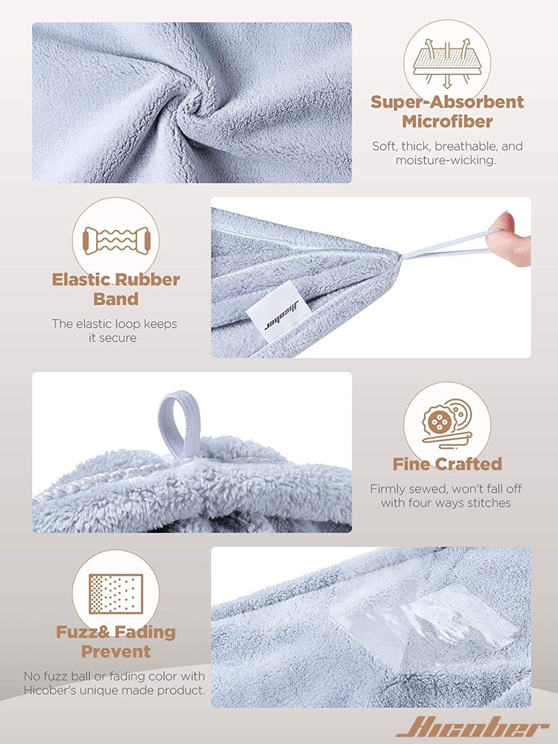 Hicober Microfiber Hair Towel, 3 Packs Hair Turbans for Wet Hair, Drying Hair Wrap Towels for Curly Hair Women Anti Frizz (Grey,Blue,Grey)
