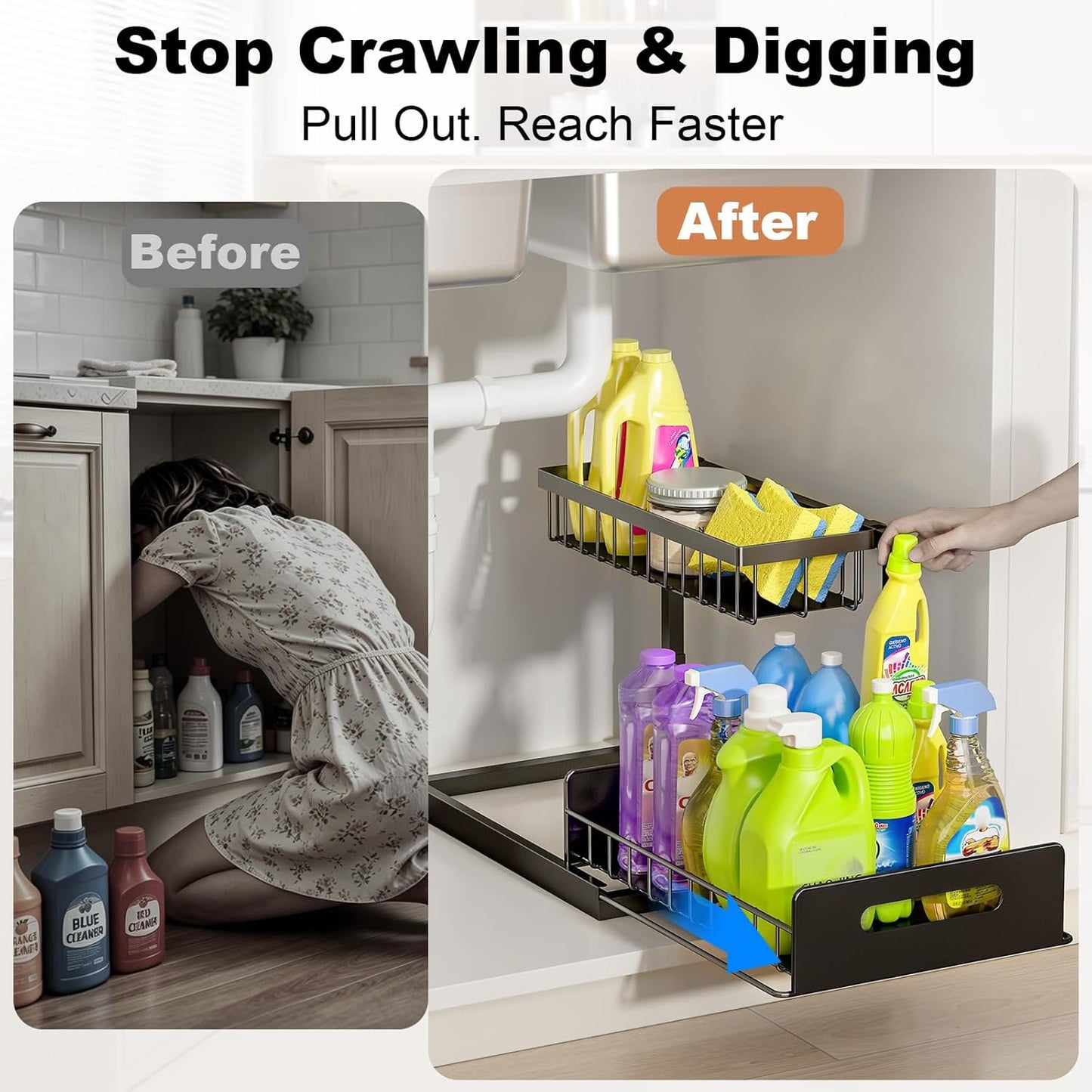 REALINN Under Sink Organizer, Pull Out Cabinet Organizer, 2 Tier Metal Slide Out Shelf with L Shaped Design for Kitchen, Bathroom, Laundry, and Utility Cabinet Storage for Deep Cabinets, Black, 1 Pack