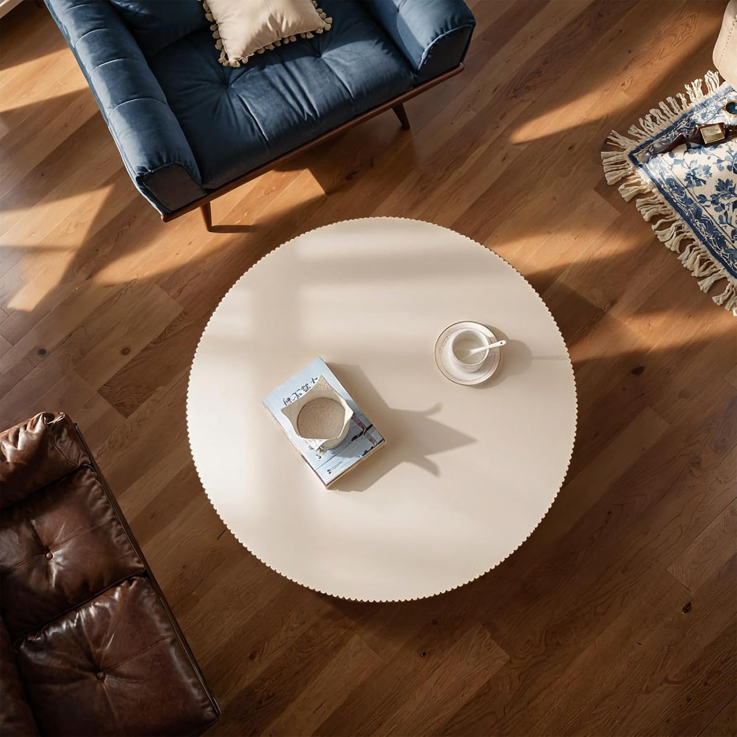White Round Fluted Coffee Table for Living Room (Ivory White Thin Desktop) | Relief Edges, Circular Drum Coffee Table, for Office Outdoor