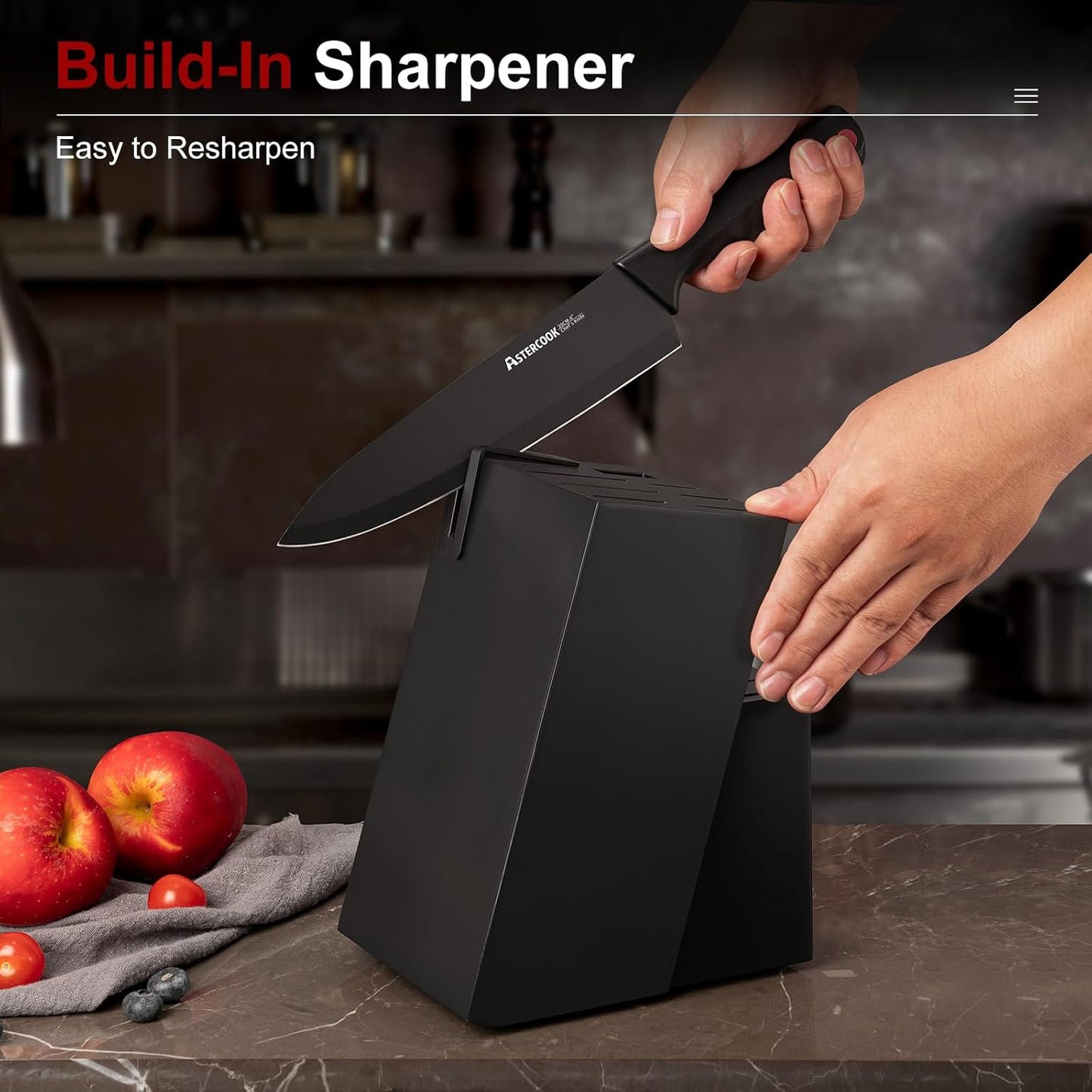 Knife Set, Astercook 15 Pieces Knife Sets for Kitchen with Block, Dishwasher Safe Kitchen Knife Set with Built in Sharpener Block, German Stainless Steel Kitchen Utensils Set