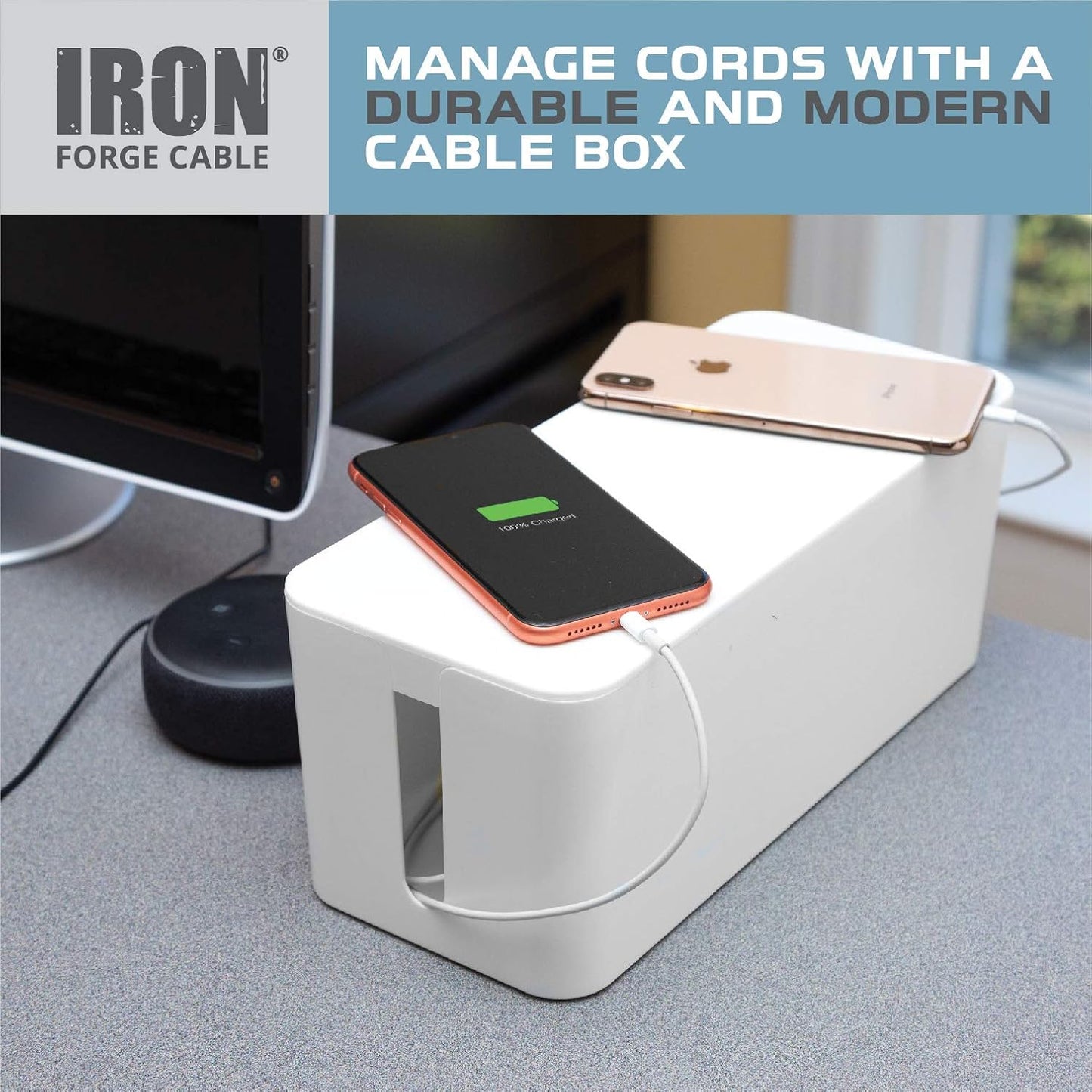 Iron Forge Cable Cable Management Box, 2 Pack - White, Hook & Loop Keepers | Cord Organizer & Cable Hider, For Wires, Power Strips & Surge Protectors, Includes Cable Sleeve, Zip Ties & Clips