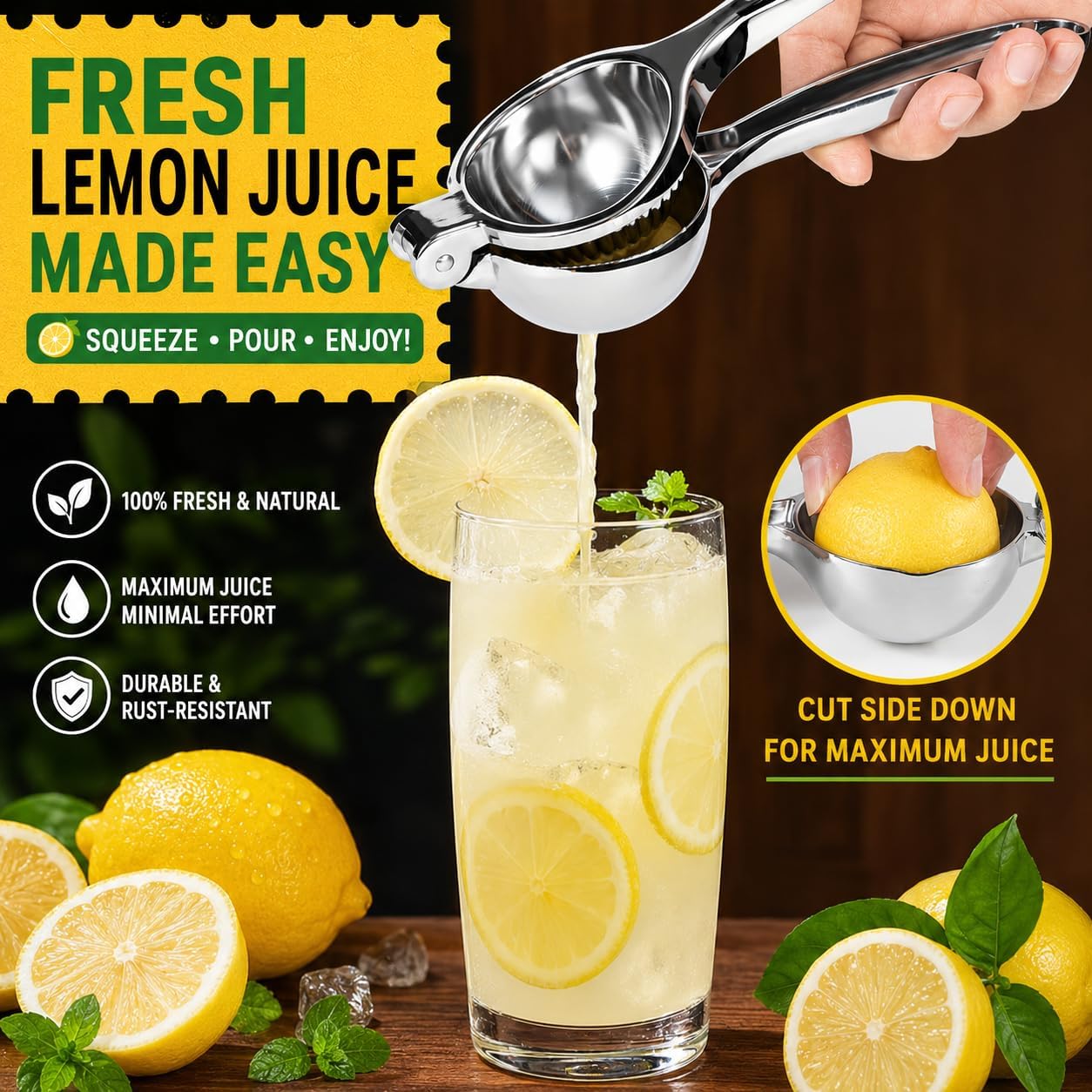 TEZZ Premium Lemon Squeezer, Large Heavy Duty Handhelp Juicer for Lemon, Metal Hand Press Citrus Juicer, Lime Squeezer Bar Tool, Manual Citrus Press