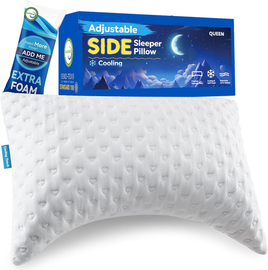 Side Sleeper Pillows for Neck & Shoulder Comfort - Ergonomic Curved Crescent Design, Adjustable Shredded Memory Foam, Cooling & Soft Cover, Extra Fill Included, Queen Size