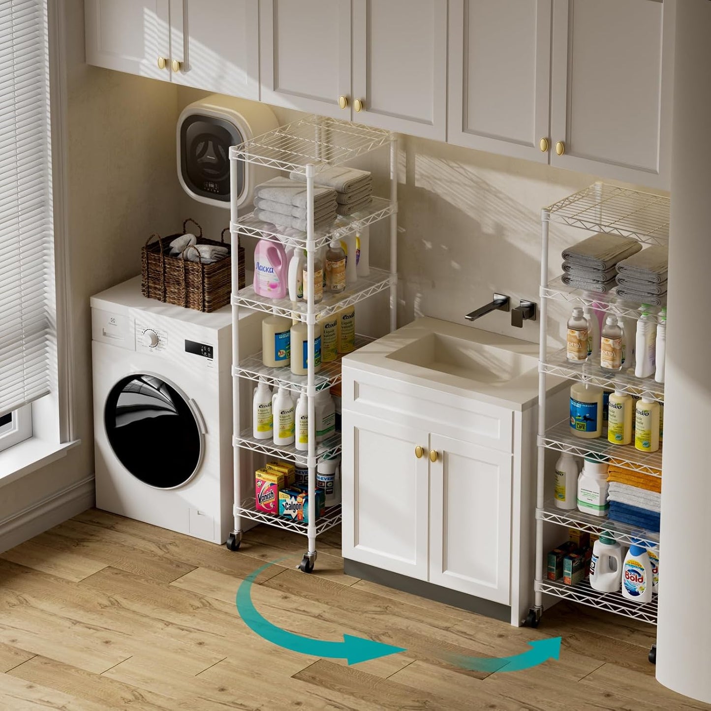 SINGAYE 6 Small Shelf Storage Wire Shelves Closet Bathroom Organizers Metal Pantry Kitchen Garage Shelving Unit Laundry Room Organization Home Narrow Rack Net Basket with Wheels White