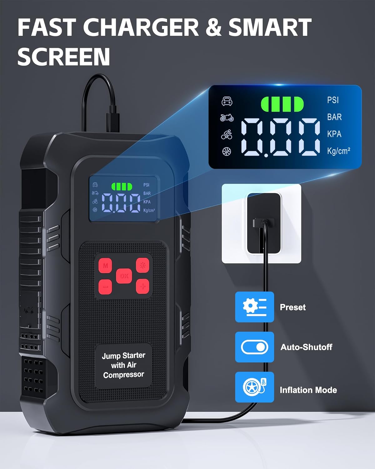 5000A Jump Starter with Air Compressor, Portable Car Battery Jump Starter with 150 PSI Tire Inflator for Up to 10.0L Gas and 8.0L Diesel Engines, 12V Jump Box Battery Charger Booster(Red)