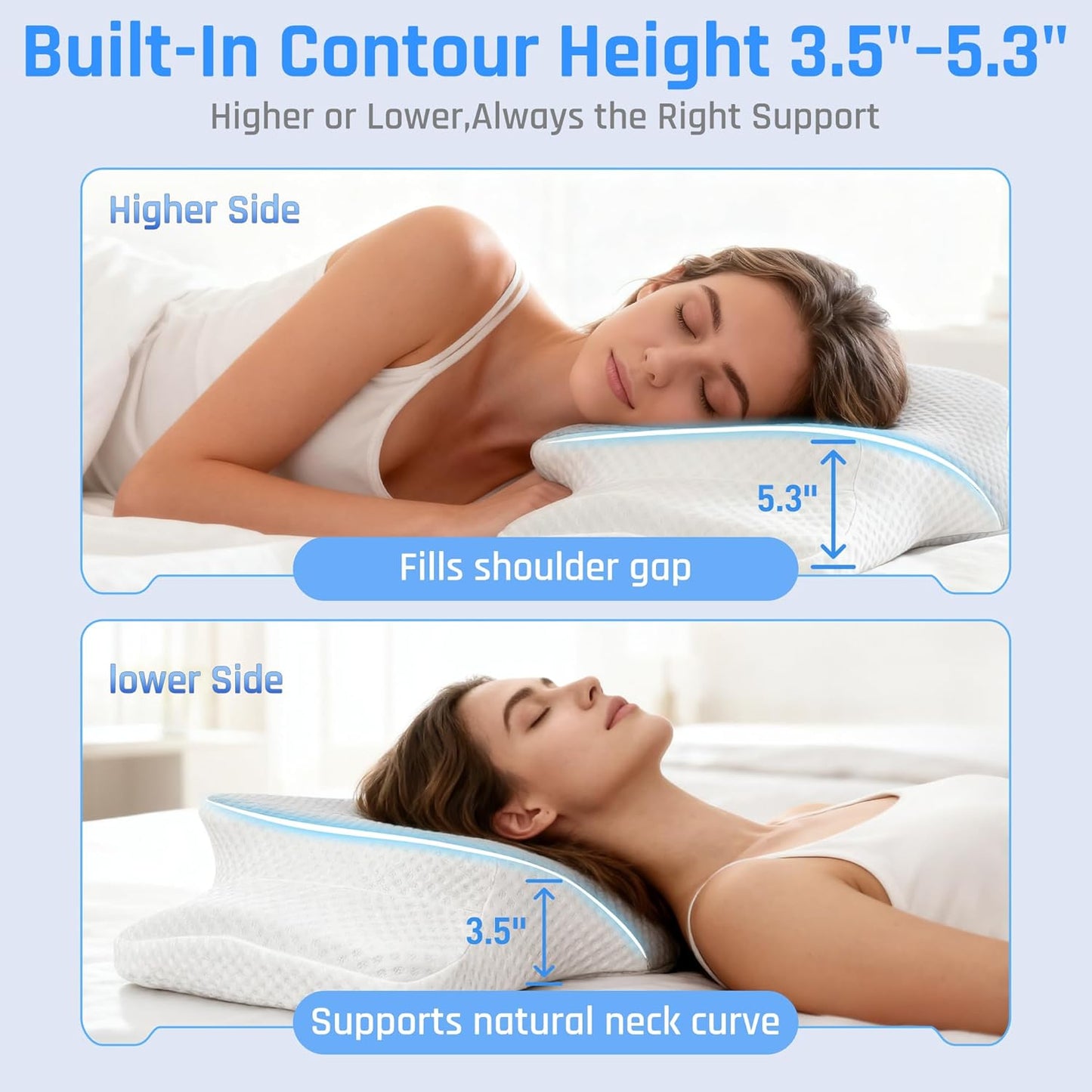 AlignCore Cervical Neck Pillow - Ergonomic Firm Memory Foam Bed Pillows for Sleeping, Neck Pillows for Pain Relief, Back and Side Sleeper Pillow (White with Gray Surface)