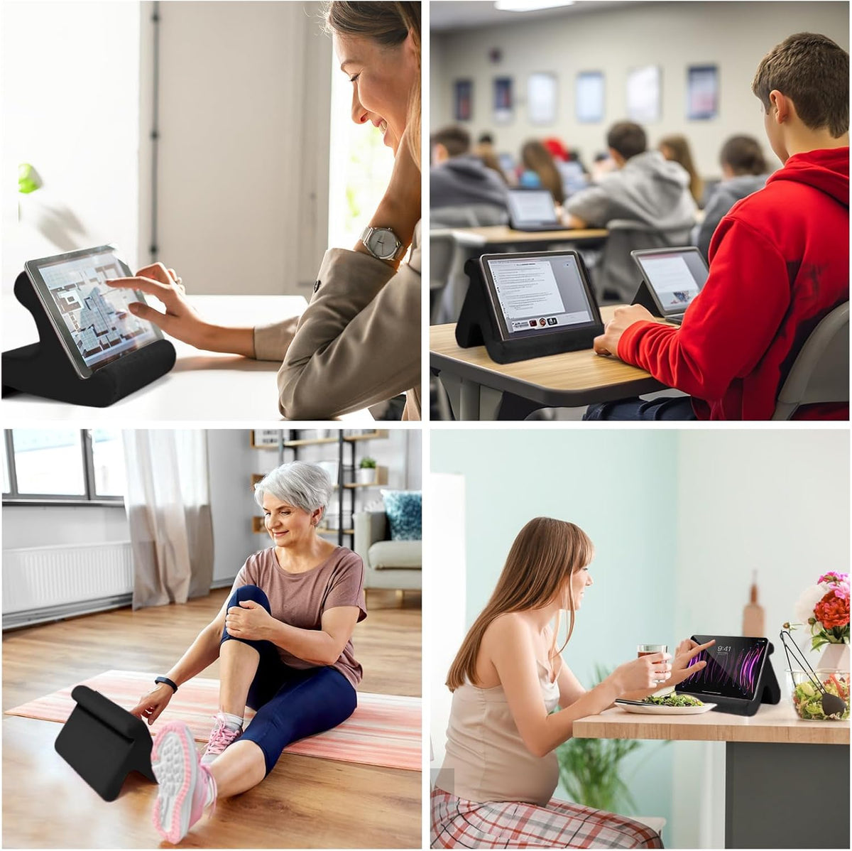 Universal Multi-Angle Tablet Stand Holder-Soft Pad Stand with black phone holder for Lap,Knee,Sofa and Bed,Compatible with iPad Pro 9.7,10.5,12.9 Air Mini 4 3,Kindle,Galaxy Tab,E-Reader (Black)