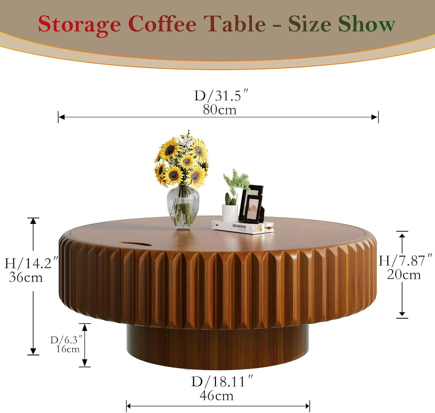 Chic Drum Coffee Table with Storage (C 31.5in) | 31.5” Rustic Round Center Table - Handcraft Fluted Veneer Easy Assemble for Living Room Apartment