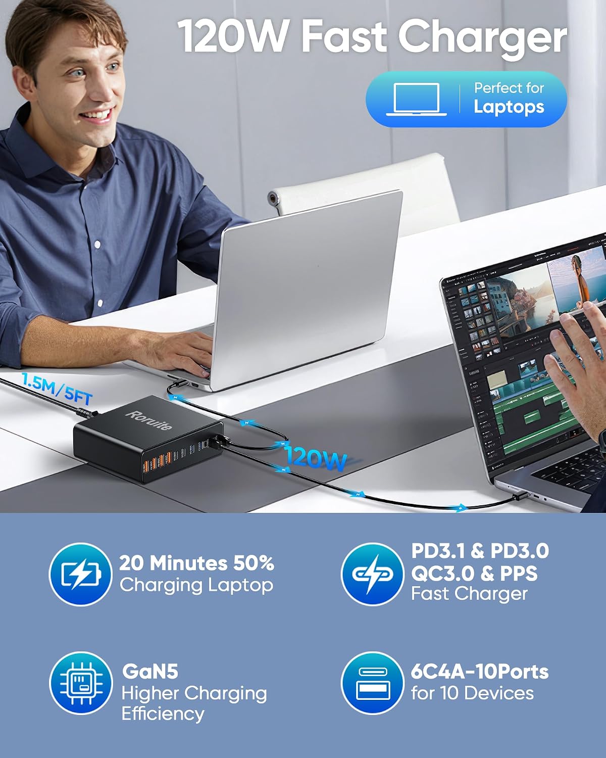 1000W USB C Charging Station, 120W PD GaN5 Super Fast USB C Charger Block | Roruite Type C for PC Laptop MacBook Pro/Air 10 Port Charger Compatible with iPhone 17 16 15 14 13 12 Pro Max, iPad, Galaxy