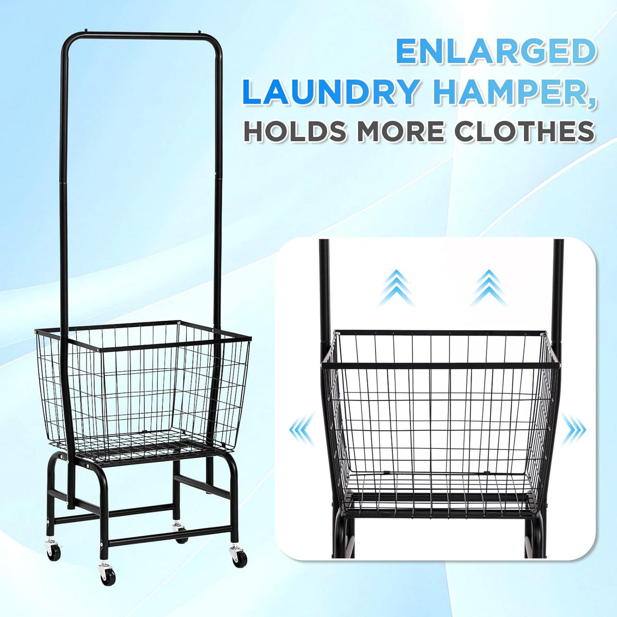 ALIMORDEN Laundry Cart with Clothes Rack, Rolling Laundry Cart with Wheels, Extra Large Basket, Black