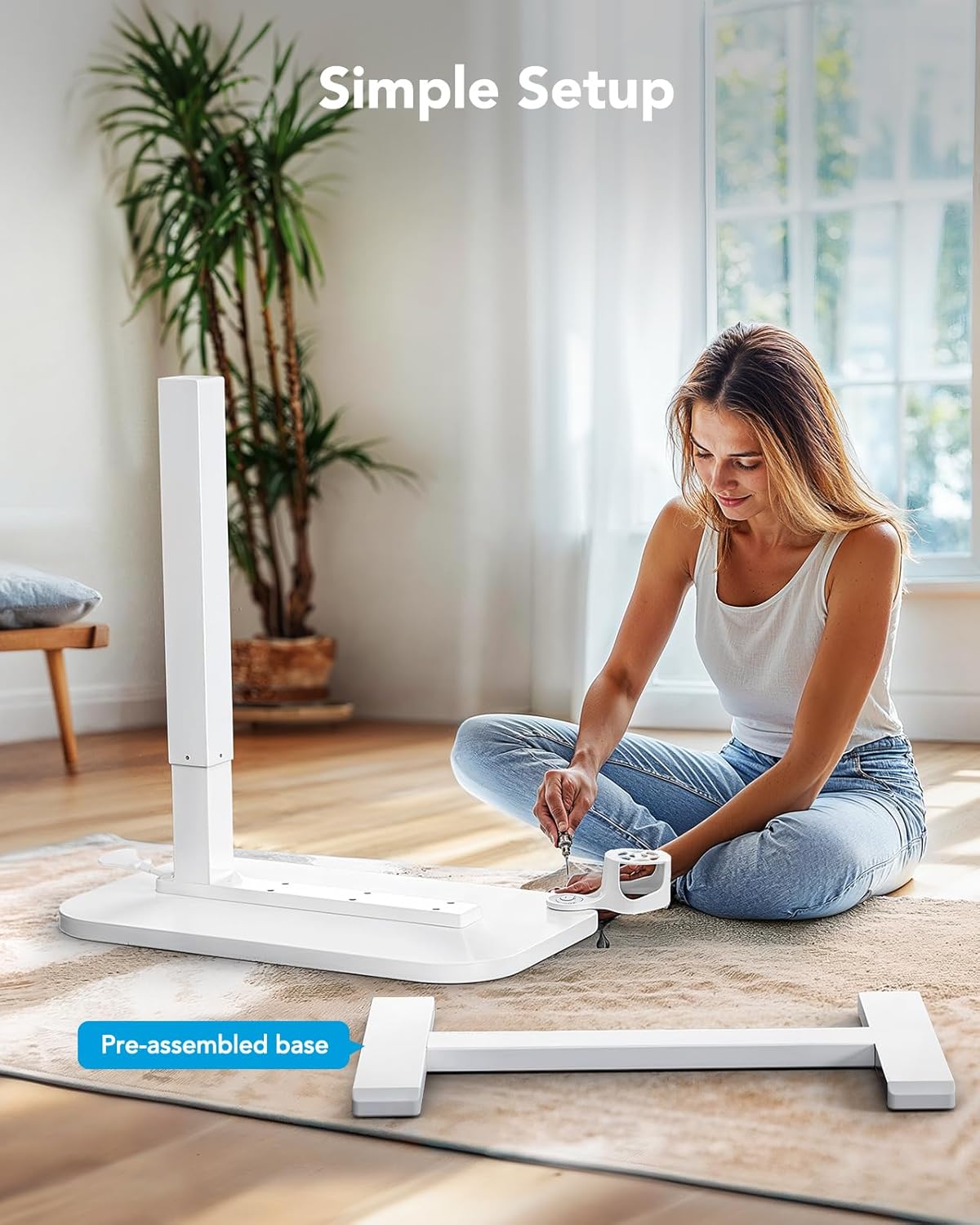 HUANUO 32Inch Bedside Table with Wheels, Height-Adjustable Rolling Computer Cart, Overbed Table with Cup Holder, Pneumatic Laptop Standing Desk for Home Office, White