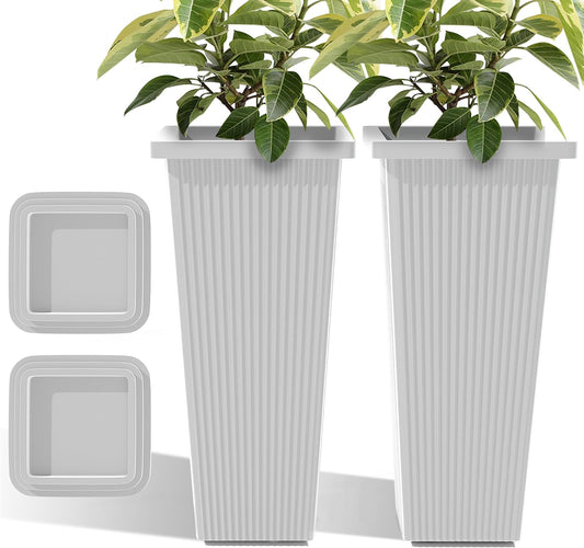 2-Pack 24 Inch Tall Planters with Saucers, White Stripe