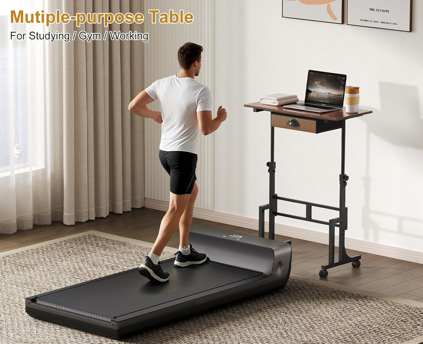 Adjustable Height Standing Desk With Drawer, Rolling Sit Stand Up Desk With Wheels, Small Sit To Stand Computer Desk, Adjustable Desktop Height, On Wheels, Brown, For Walking Pad Laptop Treadmill