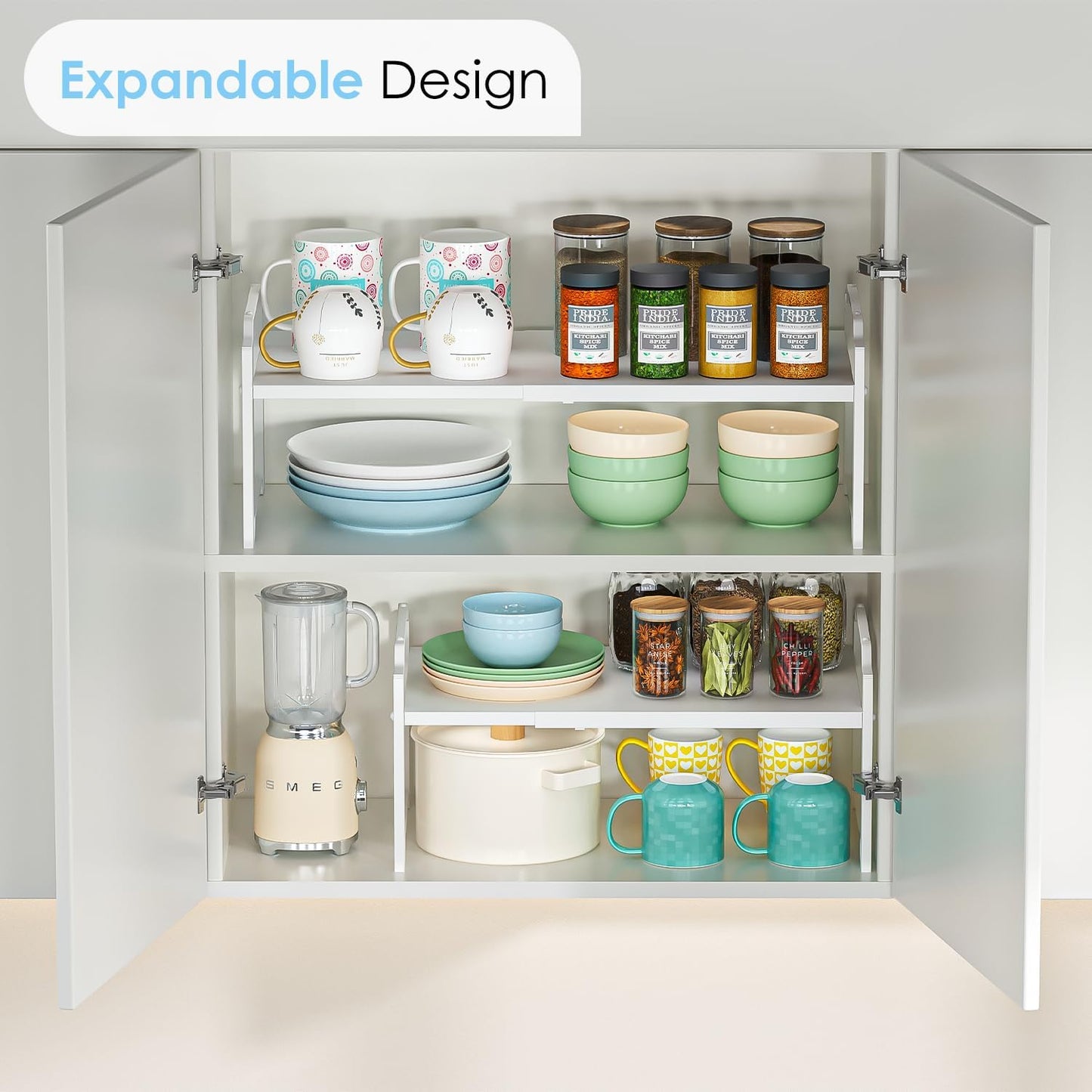 2 Pack 11” Width Expandable Kitchen Cabinet Organizer Shelves, Heavy Duty Kitchen Countertop Organizers and Storage Rack, Stackable Metal Small Storage Shelf For Pantry Counter Cupboard Organization