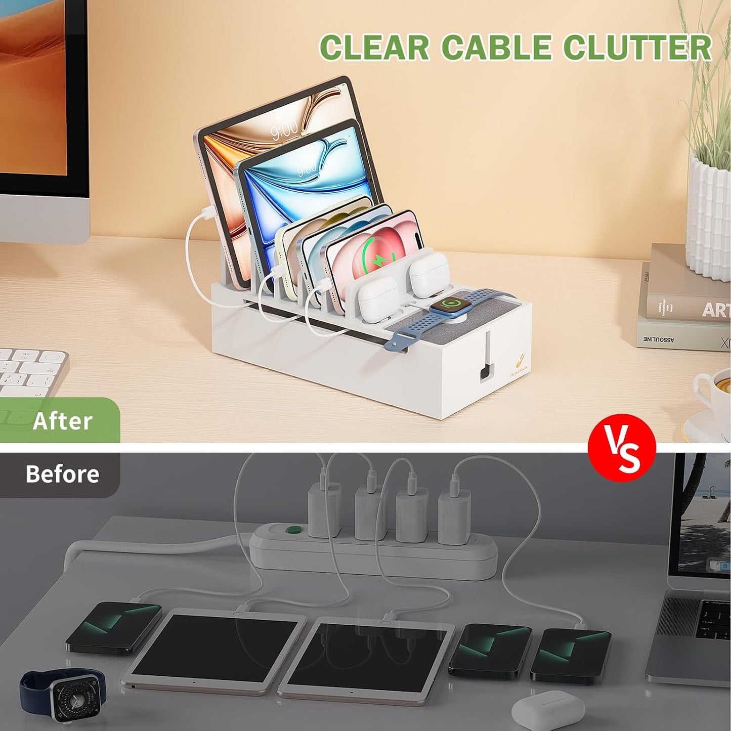 Pezin & Hulin Bamboo Charging Dock Station for Electronic Devices-White | Docking Organizer for Phone and Tablets, Smart Watch, Earbuds, Power Strip Box (Included 5-Port USB Charger and 6 Cables)