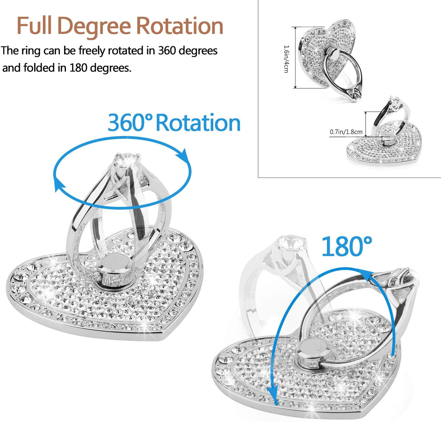 Cell Phone Finger Ring Stand with Sparkly Diamond, Nsiucion Heart Phone Ring Kickstand Holder [Washable] [Removable], 360°Rotation Zinc Alloy Ring Grip Stand for All Phones and Tablets (Silver)