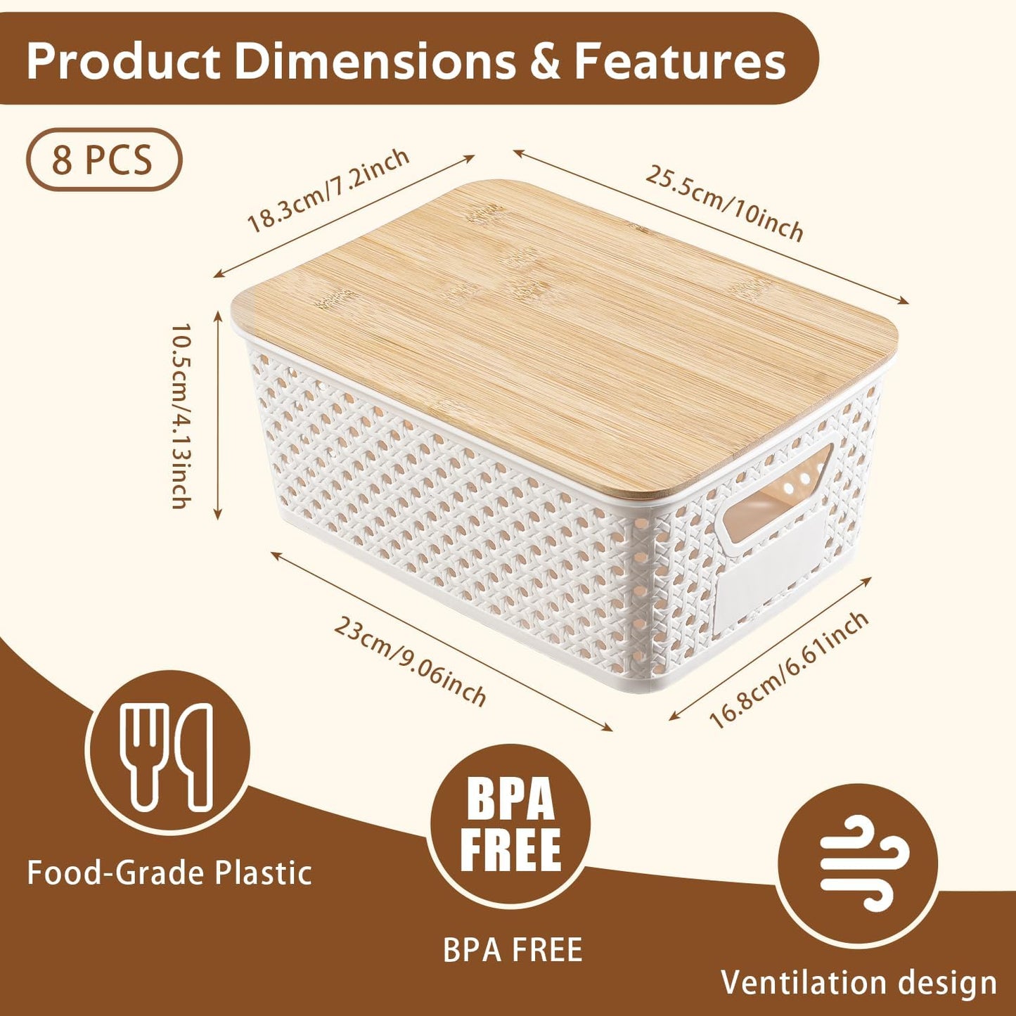 8 Pack Plastic Storage Bins with Bamboo Lids - Stackable Storage Baskets with Handle for Pantry Organizer and Storage, Plastic Containers Bins Lidded Storage Bins for Classroom Office Shelves