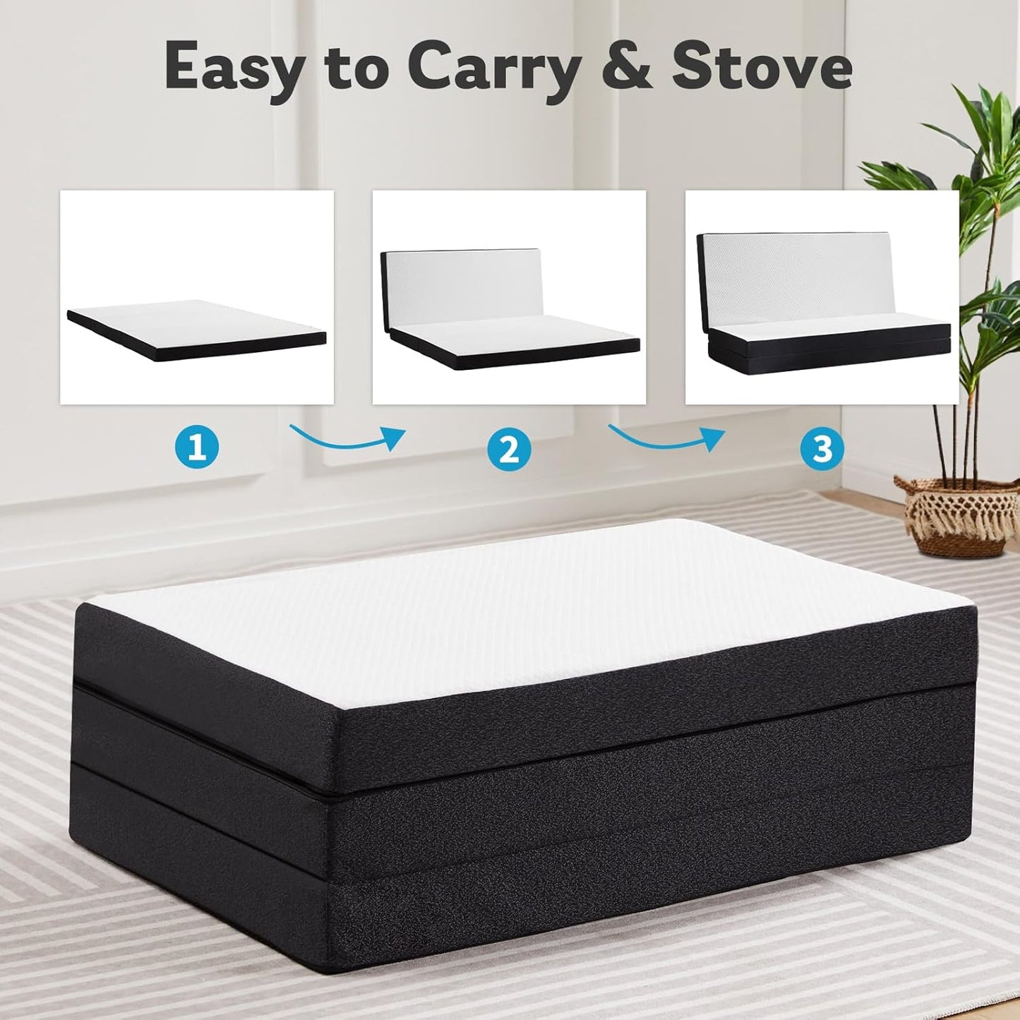 Tri-Fold Twin Memory Foam Pads, 3 inch Folding Topper with Washable Cover, Portable Non-Slip Guest Floor Bed for Camping Travel – Ideal for Overnight Guests, RV, and Outdoor Adventures