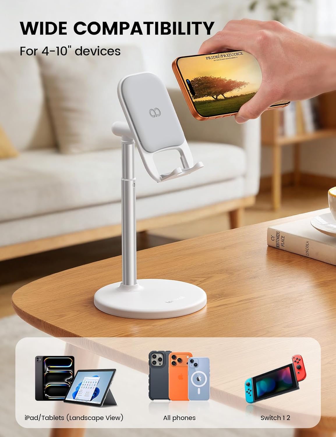 Lamicall Height Adjustable Phone Stand - White Sturdy Desktop Cell Phone Holder, Computer Office Desk Accessories for Women Kitchen Essentials, for iPhone iPad Tablet, 4-10"
