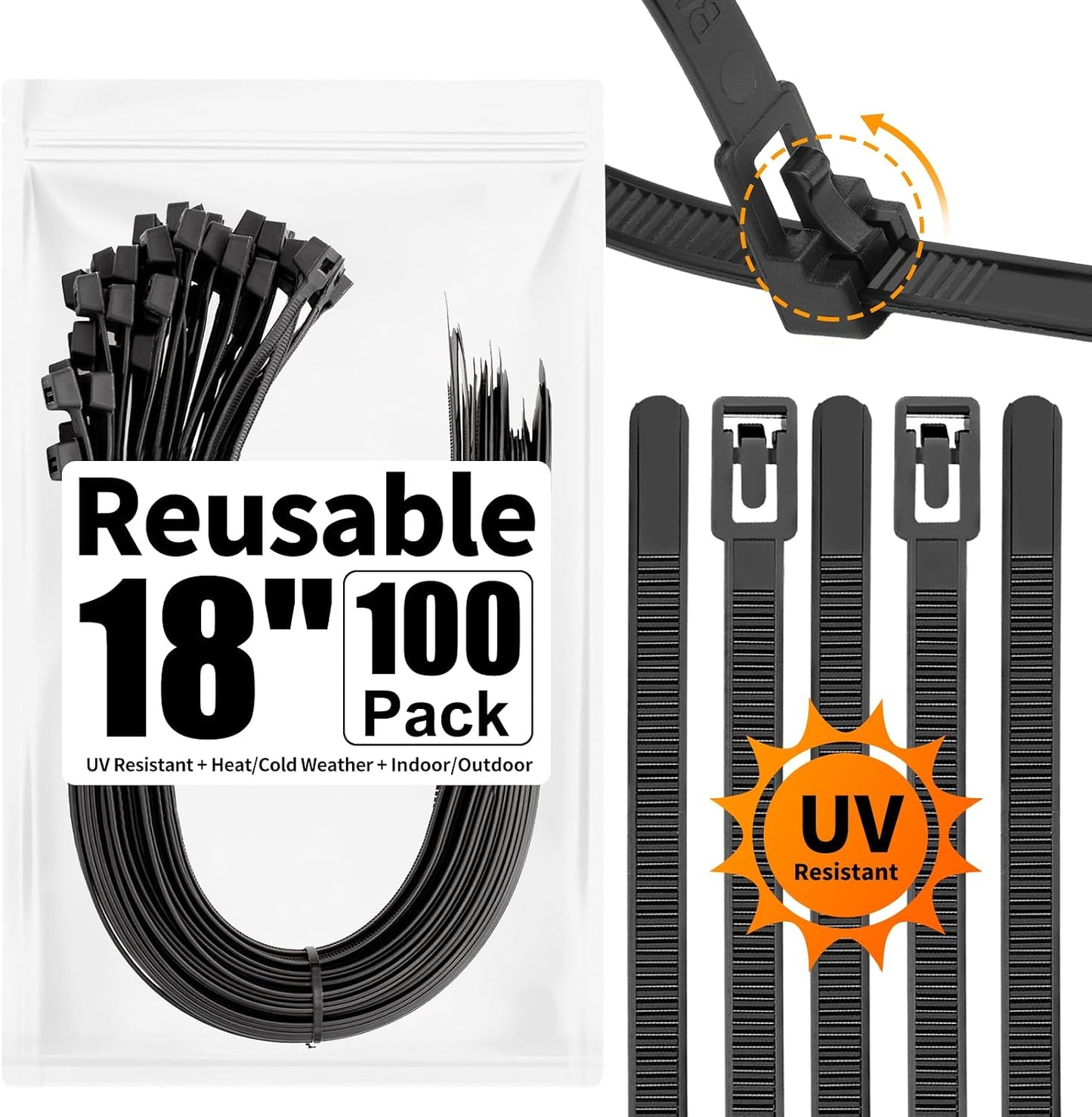100 Pack Reusable Zip Ties 18 Inch Heavy Duty UV Resistant Cable Ties Black | Reusable Trigger Release / Heavy Duty Nylon / UV Weatherproof / Non-Slip Self-Locking / Smooth Round Ending No Hurt