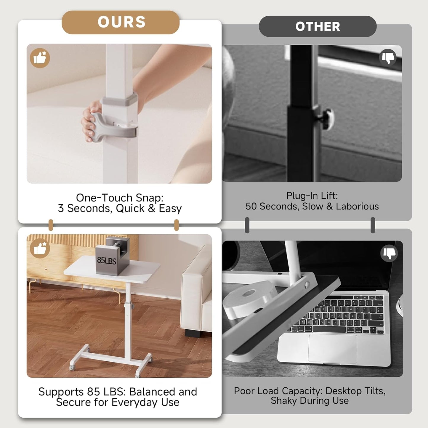GTPLAYER Small Standing Desk, 24 Inches Foldable Mobile Rolling Laptop PC Table with Lockable Casters, Adjustable Height Overbed Bedside Table Computer Workstation for Home Office, White-Foldable