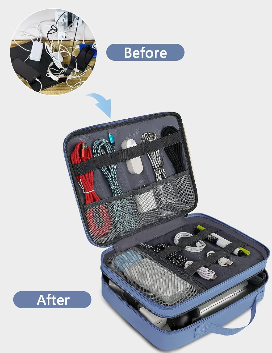 MATEIN Electronics Organizer, Cable Organizer Bag Electronic Accessories Case with Handle for Cable, Cord, Tablet, Charger, Phone, Double Layers Tech Case Travel Gifts for Men and Women, Blue