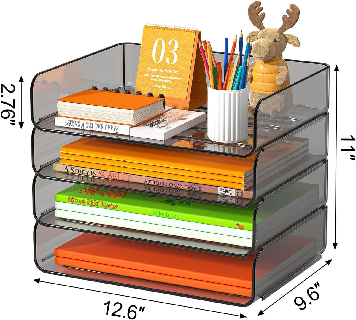 FANXIYQ 4-Tier Acrylic Paper Tray Organizer Brown Stackable Paper Organizer