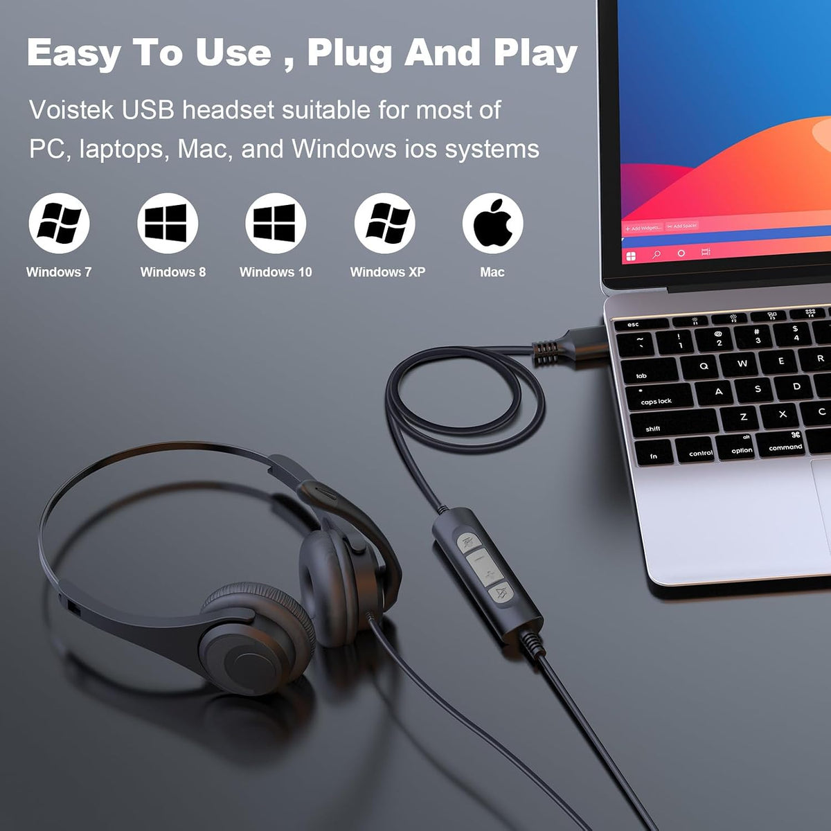 Voistek USB Headset with Noise Cancelling Mic,Wired Headphones for pc