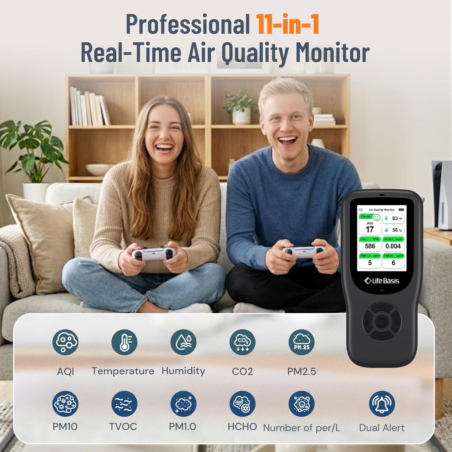 LifeBasis Air Quality Monitor Indoor, 11-in-1 Air Quality Detector with Stand, Air Meter Test AQI, PM1.0, PM2.5, PM10, CO2, TVOC, HCHO, Particles, Temperature and Humidity with Alert
