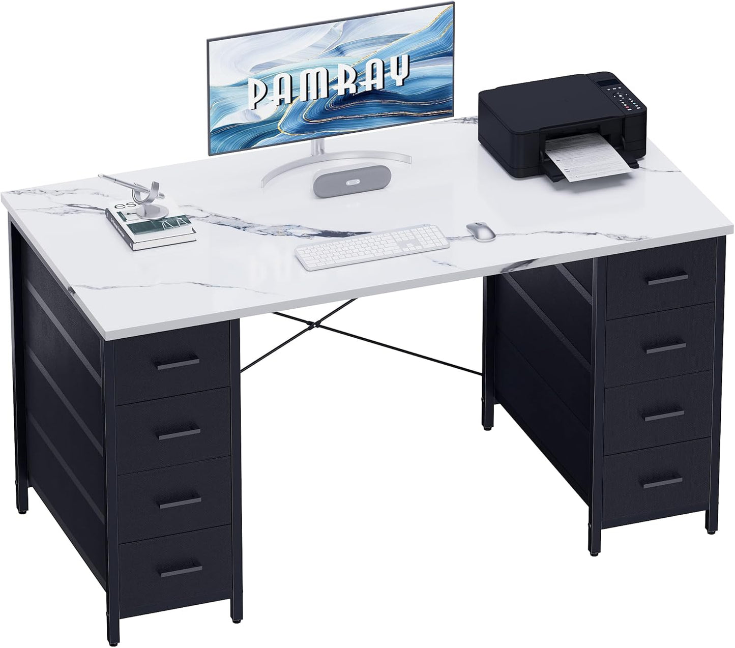 Pamray 47 Inch Computer Desk with 8 Fabric Drawers PC Gaming Desk Home Office Study Work Writing Table for Bedroom White