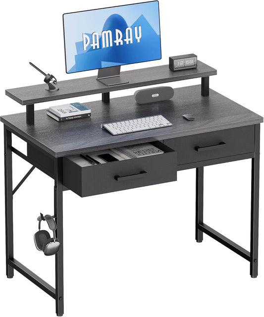 Pamray 32 Inch Small Computer Desk with Monitor Stand Home Office Desks with 2 Drawers for Bedroom Study Writing and Work Table for Small Spaces Grey