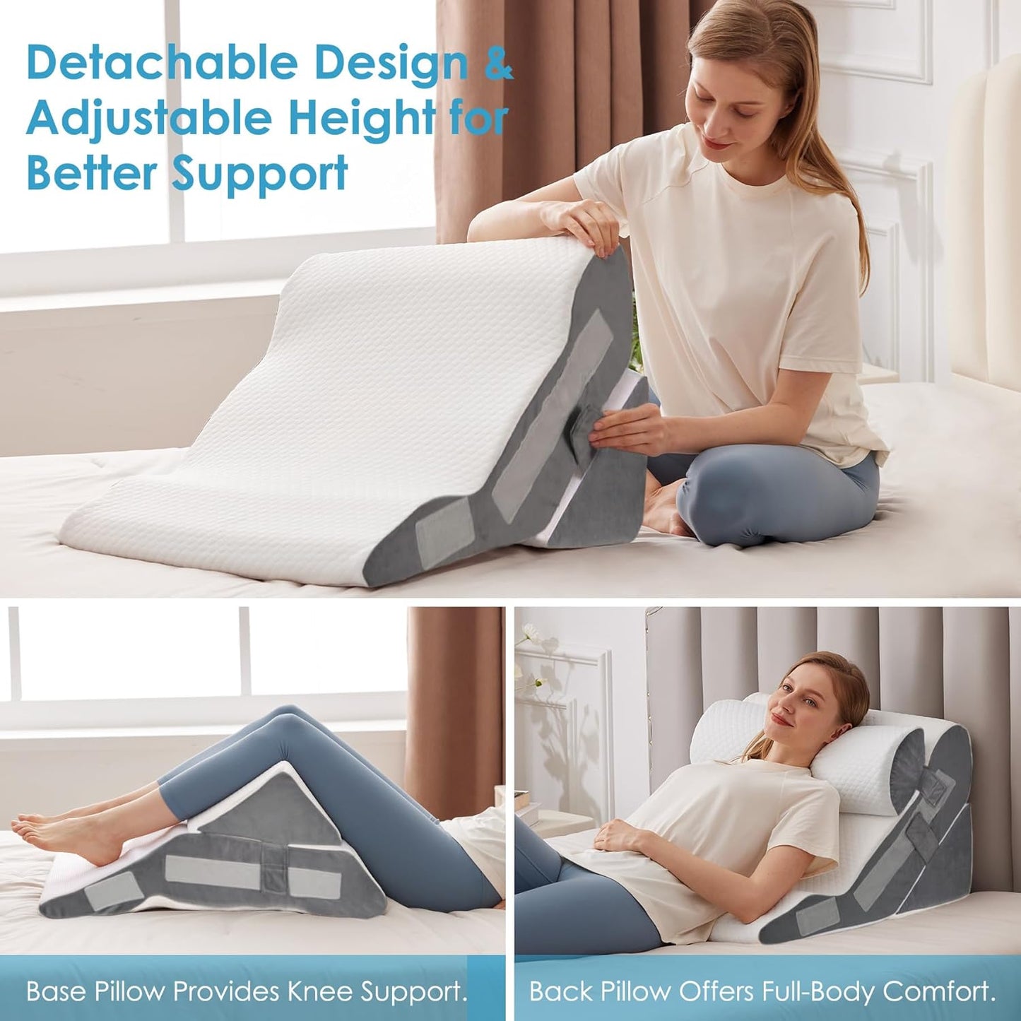 MEGCXIT 3PCS Bed Wedge Pillow for Headboard, Adjustable Wedge Pillow for Sleep Apnea, 23” Wide Triangle Pillow Wedge Set for After Surgery, Acid Reflux Relief, Snoring, Neck&Back Support, White/Grey