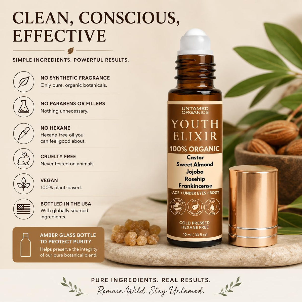 Untamed Organics Youth Elixir - Roll On Facial Serum For Under Eyes and Face with Certified Organic, Cold Pressed, Hexane Free Castor, and Frankincense Oil - Miracle Anti-Aging Oil 10mL