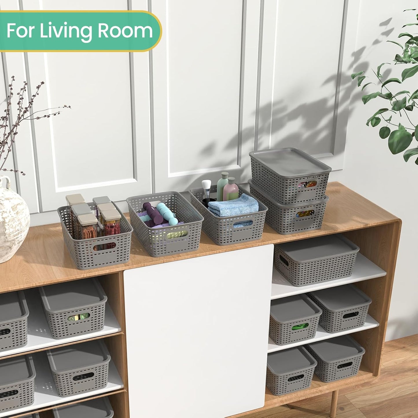 Ohmlove 8 Pack Plastic Storage Baskets with Lids for Organization