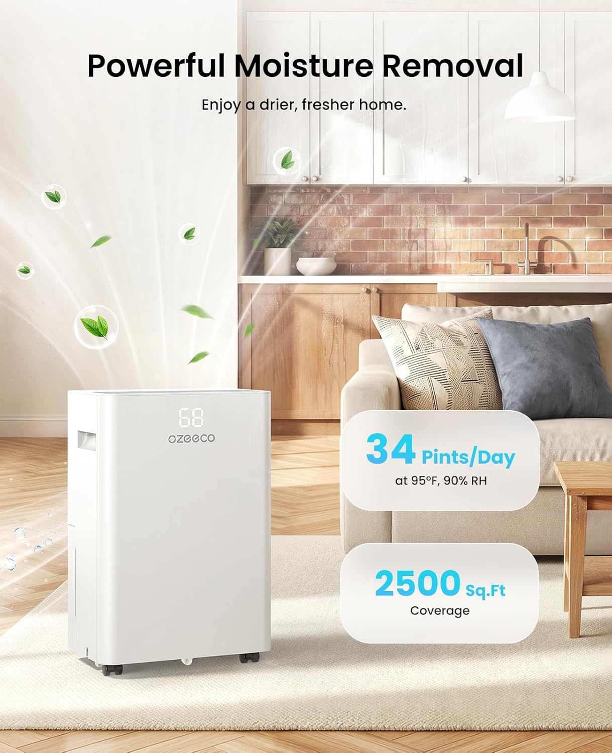 34 Pint Dehumidifier for Basement up to 2500 Sq.Ft, ozeeco Home Dehumidifier with Drain Hose, Ionizer, Humidity Control, Ultra Quiet, Child Lock, 24H Timer for Bedroom, Bathroom, RV