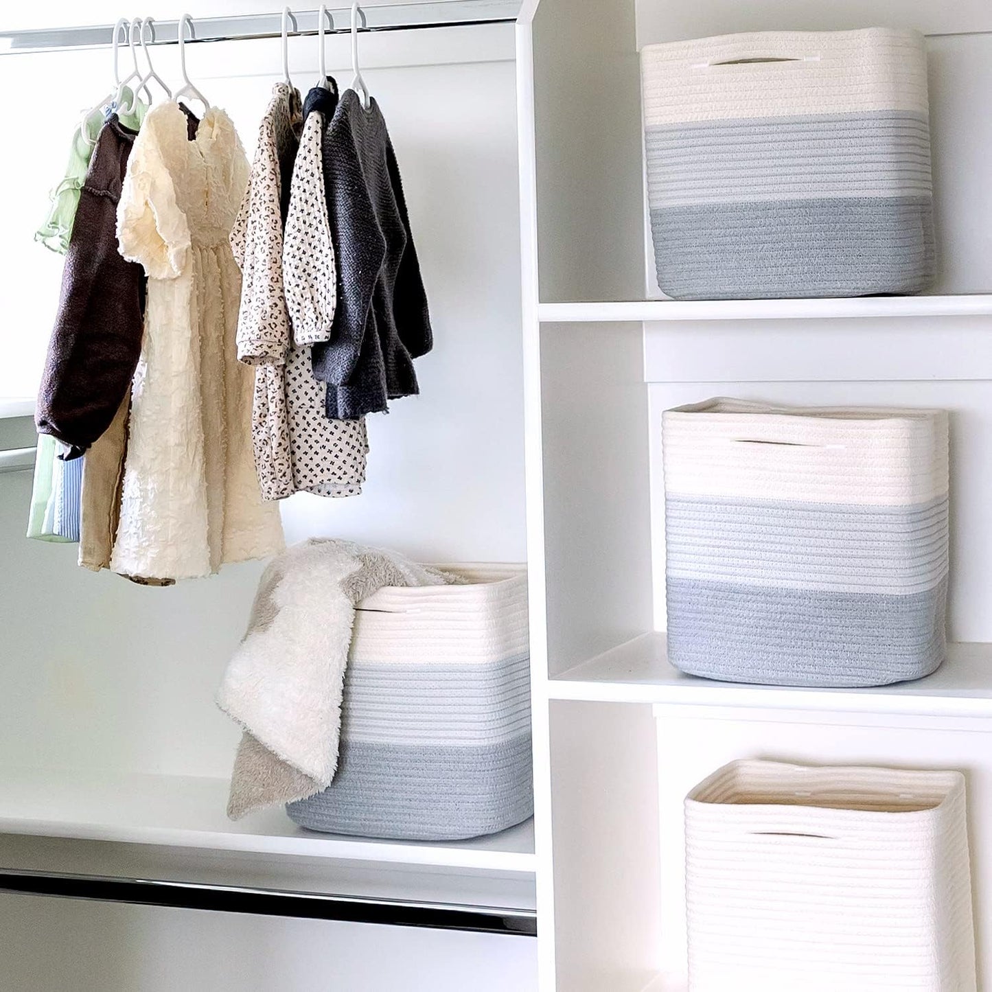 NaturalCozy Storage Cubes 11 Inch Cotton Rope Woven Baskets for Organizing, 3-Pack | Cube Storage Bin | Square Storage Baskets for Shelves Organizer, Classroom, Kids Toy Bins, Closet, Baby Nursery