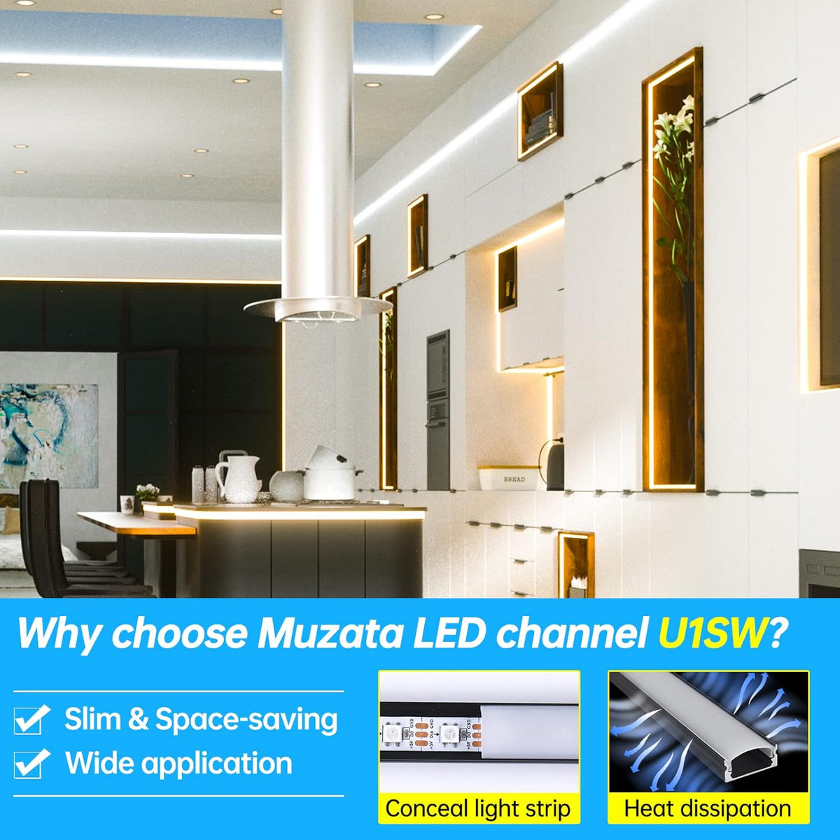 Muzata 10Pack 6.6FT Black LED Strip Channel with Milky Diffuser U1SW BW
