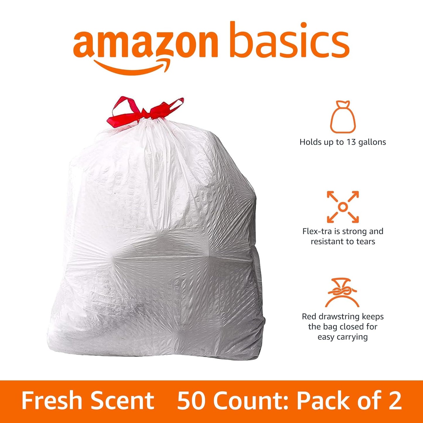 Amazon Basics Flextra Strength Tall Kitchen Drawstring Trash Bags,Fresh Scent,Tear Resistant,13 Gallon,50 Count (Pack of 2)